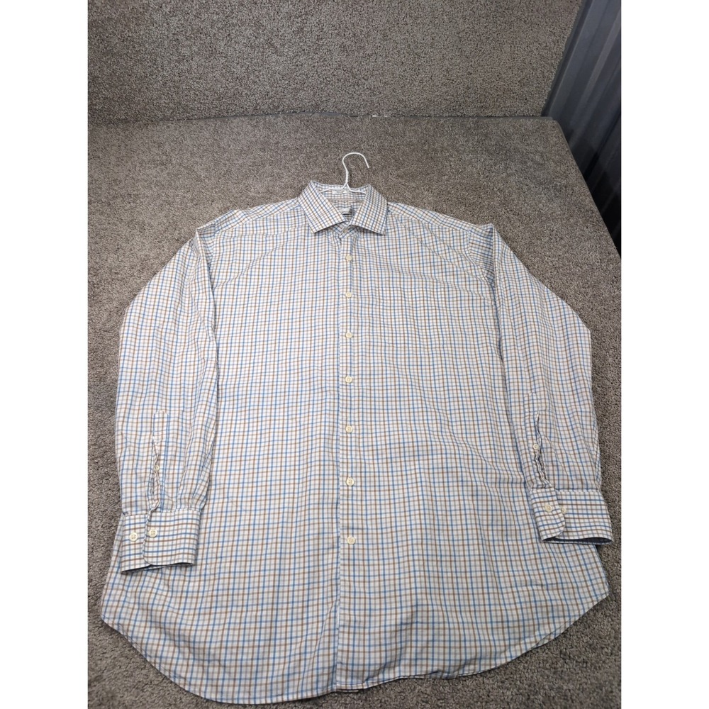 Peter Millar Mens XXL 2XL Blue Tan Check Plaid 100% Cotton Button Down Shirt